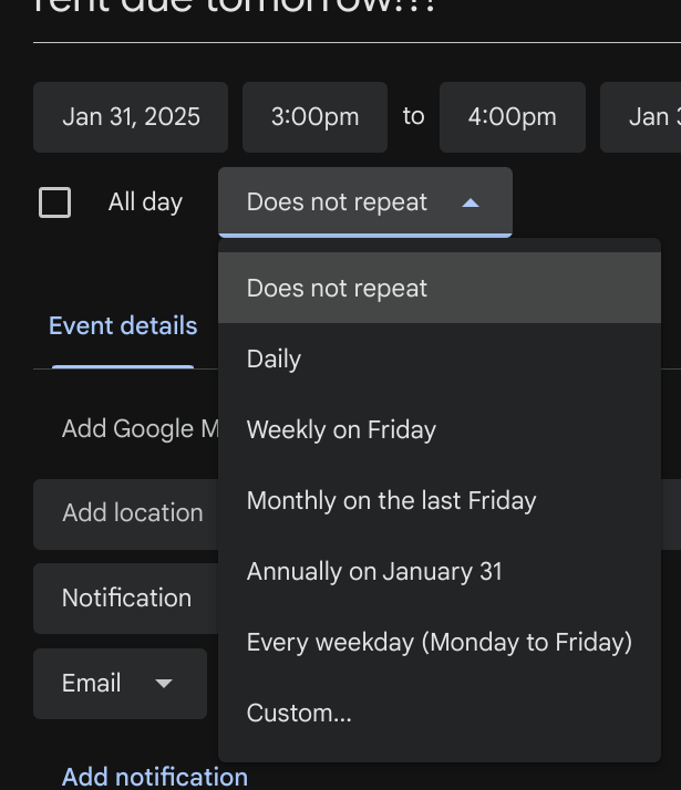 Screenshot of a Google Calendar event showing the available options for scheduling a repeating event